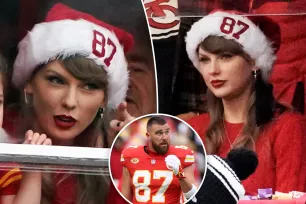 Taylor Swift rocks Santa hat with Travis Kelce’s jersey number at Chiefs Christmas game