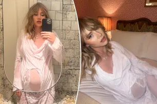 Pregnant Suki Waterhouse shows off her baby bump in sheer ‘wet look’ dress