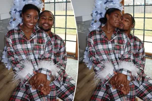 Simone Biles and husband Jonathan Owens model matching Christmas pajamas amid podcast drama