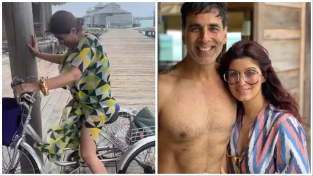 Twinkle Khanna collides with a pole, Akshay Kumar enjoys a swim with son Aarav during Maldives holiday. Watch