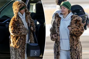 Rihanna bundles up in $10K leopard coat for flight with A$AP Rocky, sons Riot and RZA