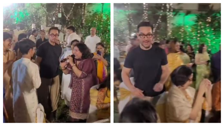 Aamir Khan encourages Junaid Khan to dance at Ira Khan’s mehendi ceremony, joins Reena Dutta and Kiran Rao in the festivities. Watch videos