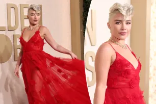 Florence Pugh heats up the Golden Globes 2024 red carpet in sheer scarlet gown