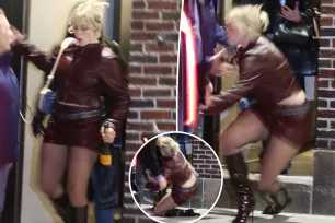 ‘Mean Girls’ star Reneé Rapp takes a tumble in stilettos while carrying champagne bottle