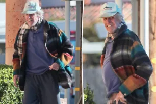 Gary Busey stares at paps as he pulls down pants and seemingly relieves himself in public