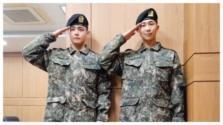 BTS members RM and V post first  pictures in uniform after military enlistment