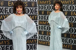 Joan Collins, 90, sparkles on the Emmys 2024 red carpet in blue sequined gown