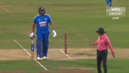 ‘Arey Viru, thigh-pad diya kya?’: Rohit Sharma’s animated discussion with umpire after he was denied four vs AFG