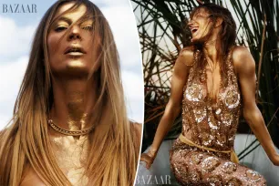 Gisele Bündchen poses covered in gold body paint (and not much else) for Harper’s Bazaar