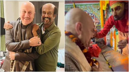 Anupam Kher meets Rajinikanth in Ayodhya, to attend Pran Pratishtha ceremony in a pheran representing Kashmiri Hindus, watch