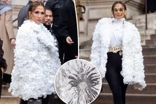 Jennifer Lopez blooms in a coat made from real rose petals at Schiaparelli’s Paris Fashion Week show