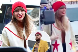 Taylor Swift bundles up in Chiefs colors at Buffalo Bills playoff game