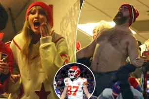 Shocked Taylor Swift reacts to Jason Kelce’s shirtless celebration at Travis’ Chiefs vs. Bills game