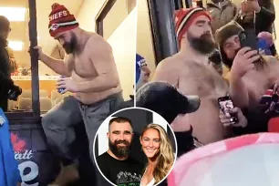 Kylie Kelce told shirtless husband Jason to ‘get his ass back’ in Chiefs suite after he jumped into crowd at Bills game