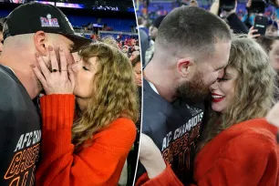 Taylor Swift and Travis Kelce passionately kiss on field as Chiefs defeat Ravens to head to Super Bowl 2024