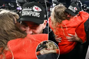 Travis Kelce cries while embracing Taylor Swift in emotional post-game meeting after Chiefs beat Ravens to head to Super Bowl