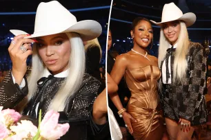 Beyoncé works a Western look in bedazzled shorts suit and cowboy hat at the Grammys 2024