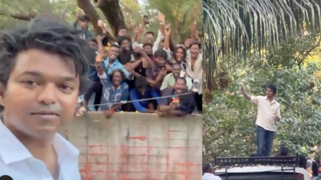 Vijay takes trademark selfie with fans from sets of Greatest Of All Time. Watch