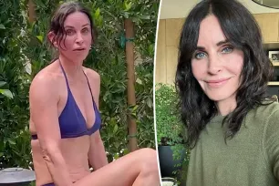 Courteney Cox, 59, takes a cold plunge and shows off her toned body in a purple bikini