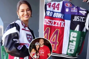 Kristin Juszczyk honors husband Kyle’s NFL career at Super Bowl 2024 in custom jacket: ‘Eras Tour’