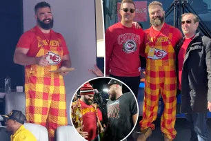 Jason Kelce supports brother Travis in Kansas City Chiefs overalls at Super Bowl