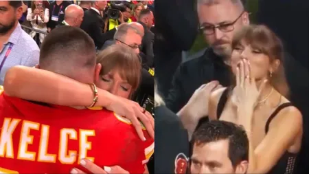 Taylor Swift kisses boyfriend Travis Kelce at Super Bowl; gives him tribute with her necklace. Watch