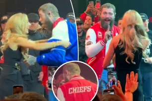 Brittany Mahomes rips off Post Malone’s Cowboys jacket, makes him wear Chiefs merch at Super Bowl 2024 afterparty