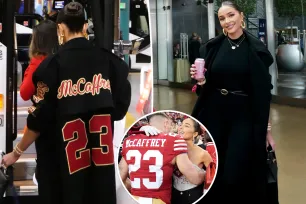 Olivia Culpo wears custom coat to cheer on Christian McCaffrey and the 49ers at Super Bowl 2024