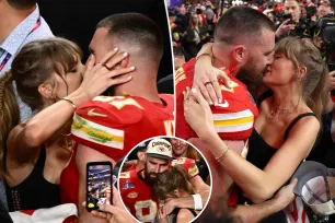 Taylor Swift and Travis Kelce kiss after Kansas City Chiefs’ Super Bowl 2024 win