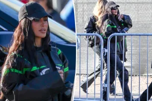 Kim Kardashian has a motocross moment in Balenciaga leather at Super Bowl 2024