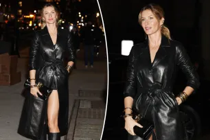 Gisele Bündchen shows off some leg in leather trench coat at NYFW party