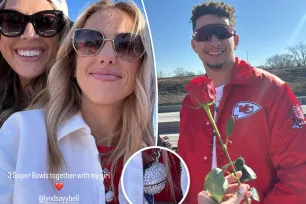 Brittany Mahomes sports diamond football necklace at Kansas City Chiefs Super Bowl parade