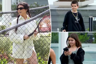 Kourtney Kardashian goes pantsless while playing tennis during Australia trip with kids