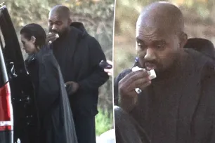 Kanye West stuffs his face as he heads to Valentine’s Day dinner with covered-up Bianca Censori