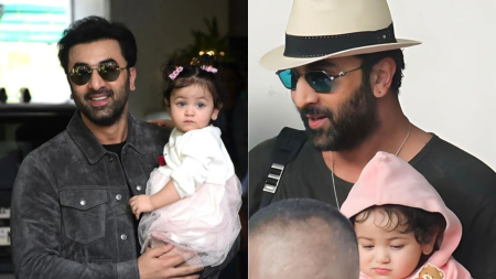 Ranbir Kapoor carries Raha Kapoor in his arms as they attend Kareena Kapoor-Saif Ali Khan’s son Jeh’s birthday party. Watch