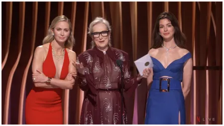 Anne Hathaway, Emily Blunt channel Miranda Priestly as they reunite with Meryl Streep at SAG Awards. Watch hilarious video