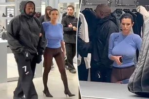 Bianca Censori leaves little to the imagination in tight blue top and tights while shopping with Kanye West