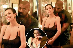 Bianca Censori cuddles up to Kanye West in sheer tank top and tights during Paris Fashion Week