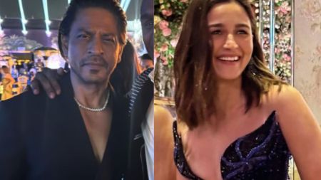 Shah Rukh Khan wears a diamond necklace, Alia Bhatt looks ethereal at Ambani family’s pre-wedding bash. Watch inside videos