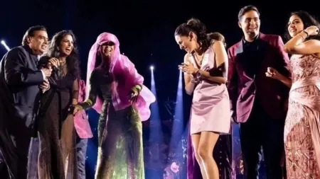 Radhika Merchant and Shloka Ambani jump in excitement as they join Rihanna on stage, Ambani family cheers them on. Watch