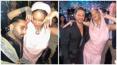 Rihanna flaunts earrings gifted by Orry as she poses with Shah Rukh Khan at Ambani pre-wedding bash. Watch