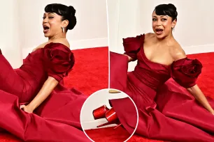 Liza Koshy falls on Oscars 2024 red carpet after stepping out in sky-high stilettos