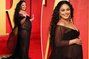 Pregnant Vanessa Hudgens flaunts baby bump in sheer gown at 2024 Vanity Fair Oscars afterparty