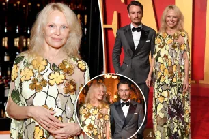 Pamela Anderson looks fresh-faced at Vanity Fair Oscars party 2024 with son Brandon Thomas Lee