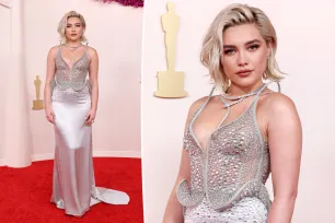 Florence Pugh goes sculptural and sparkly for Oscars 2024 red carpet in silver corset gown