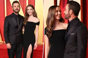 Justin Theroux and Nicole Brydon Bloom make their red carpet debut at 2024 Vanity Fair Oscar Party