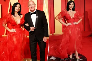 Lauren Sánchez sizzles in sheer, plunging red gown at 2024 Vanity Fair Oscars Party