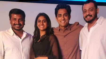 Chithha actors Siddharth and Nimisha Sajayan, helmer SU Arun Kumar meet with Manjummel Boys director Chidambaram