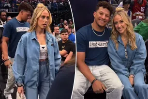 Brittany Mahomes pairs a $1,850 crystal crop top with denim tracksuit for basketball date with husband Patrick