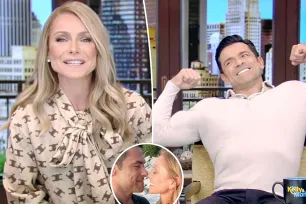 Mark Consuelos proudly flexes his biceps after Kelly Ripa says he kept her ‘awake all night’